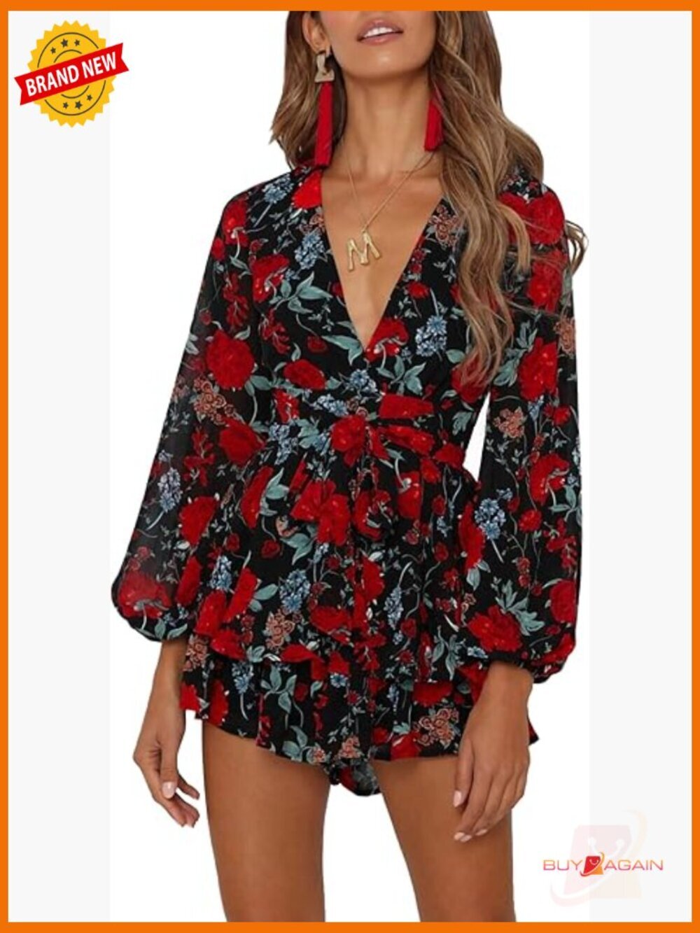 Floral Print Romper V Neck Long Sleeve Double Layer Ruffle Hem Shorts Jumpsuit